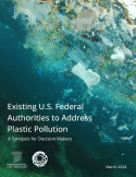 Cover page of report featuring an underwater photo with plastic pollution on the surface. Report is titled "Existing U.S. Federal Authorities to Address Plastic Pollution: A Synopsis for Decision Makers."