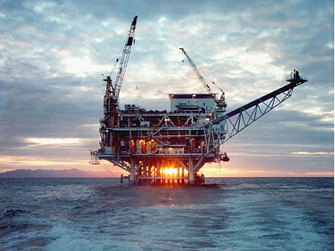 An offshore oil platform in the Gulf of Mexico.