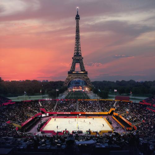 Temporary venues, such as the Champ de Mars beach volleyball stadium, will create stunning visuals and limit the games' environmental impact (Photo: Paris 2024)