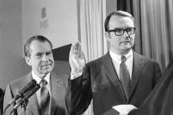 William Ruckelshaus is sworn in as administrator of the new Environmental Protection Agency as President Richard Nixon looks on at the White House on Dec. 4, 1970.