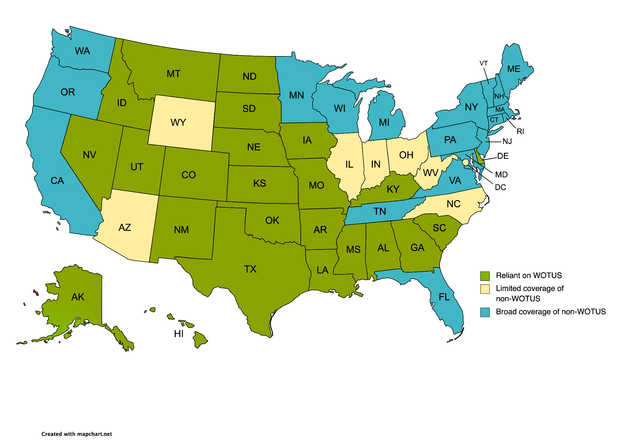A map of the United States depicting which states are reliant on WOTUS, and which are not.