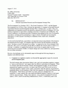 Comment Letter to NOAA and the USDA on Aquaculture Research and Development (Aug. 2012)