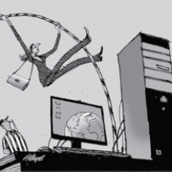 A cartoon of  women high jumps over a computer
