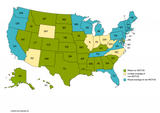 A map of the United States depicting which states are reliant on WOTUS, and which are not.