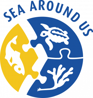 The Sea Around Us logo -- the organization name, with three interconnecting blue and yellow puzzle pieces below displaying a turtle, fish, and coral.