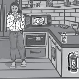 Person standing in a kitchen, with the microwave popcorn, plastic water bottle, and fire extinguisher highlighted