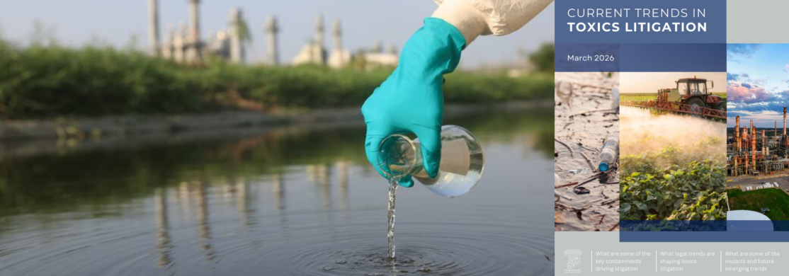 Gloved hand testing polluted water, next to Toxics Litigation report cover